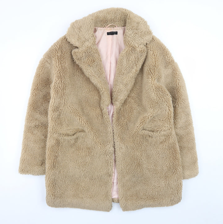Topshop Women’s Beige Faux Fur Mid-Length Coat Size 8