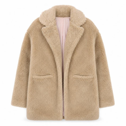 Front view of Topshop Women’s Beige Faux Fur Mid-Length Coat, size UK 8