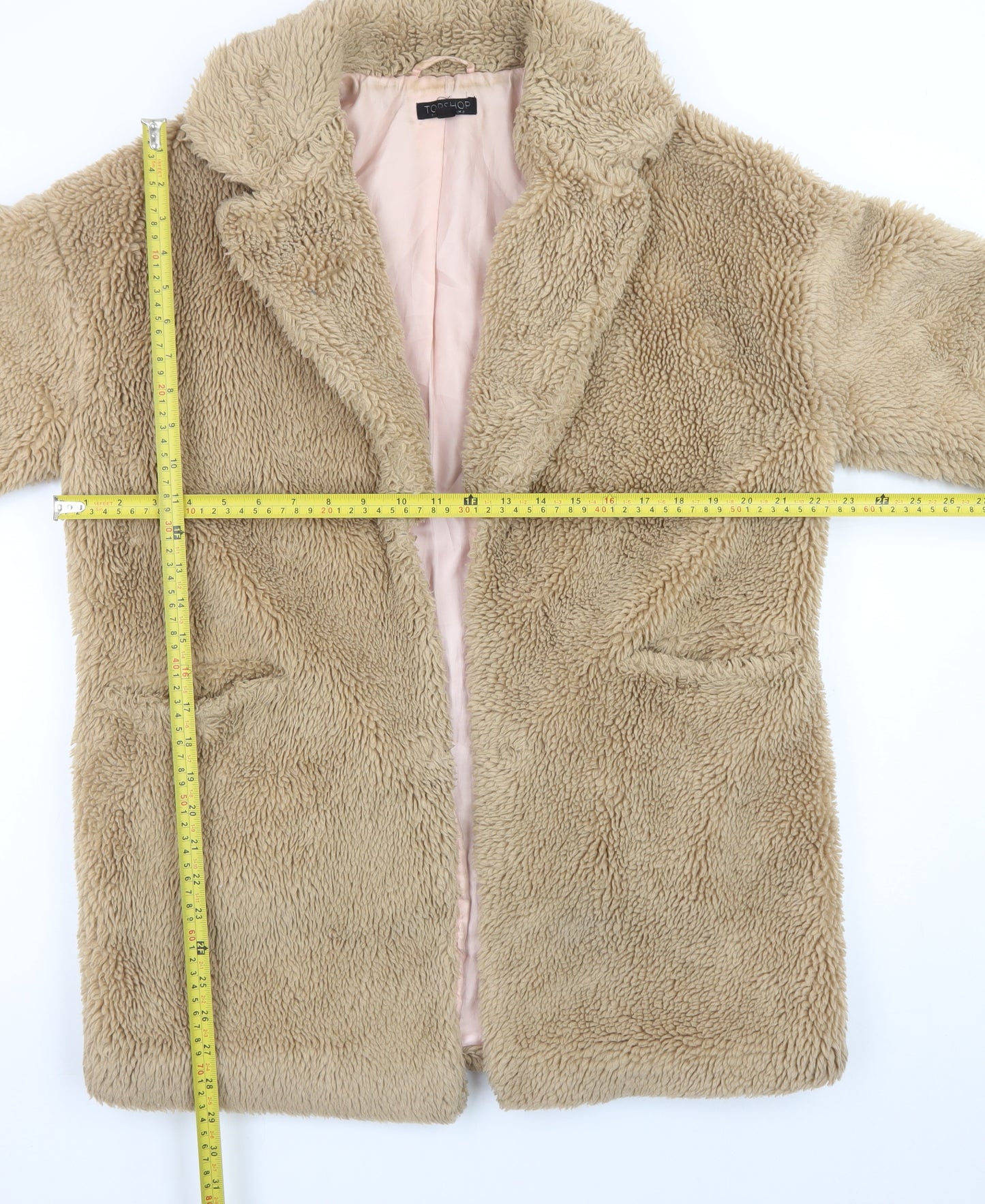 Topshop Women’s Beige Faux Fur Mid-Length Coat Size 8