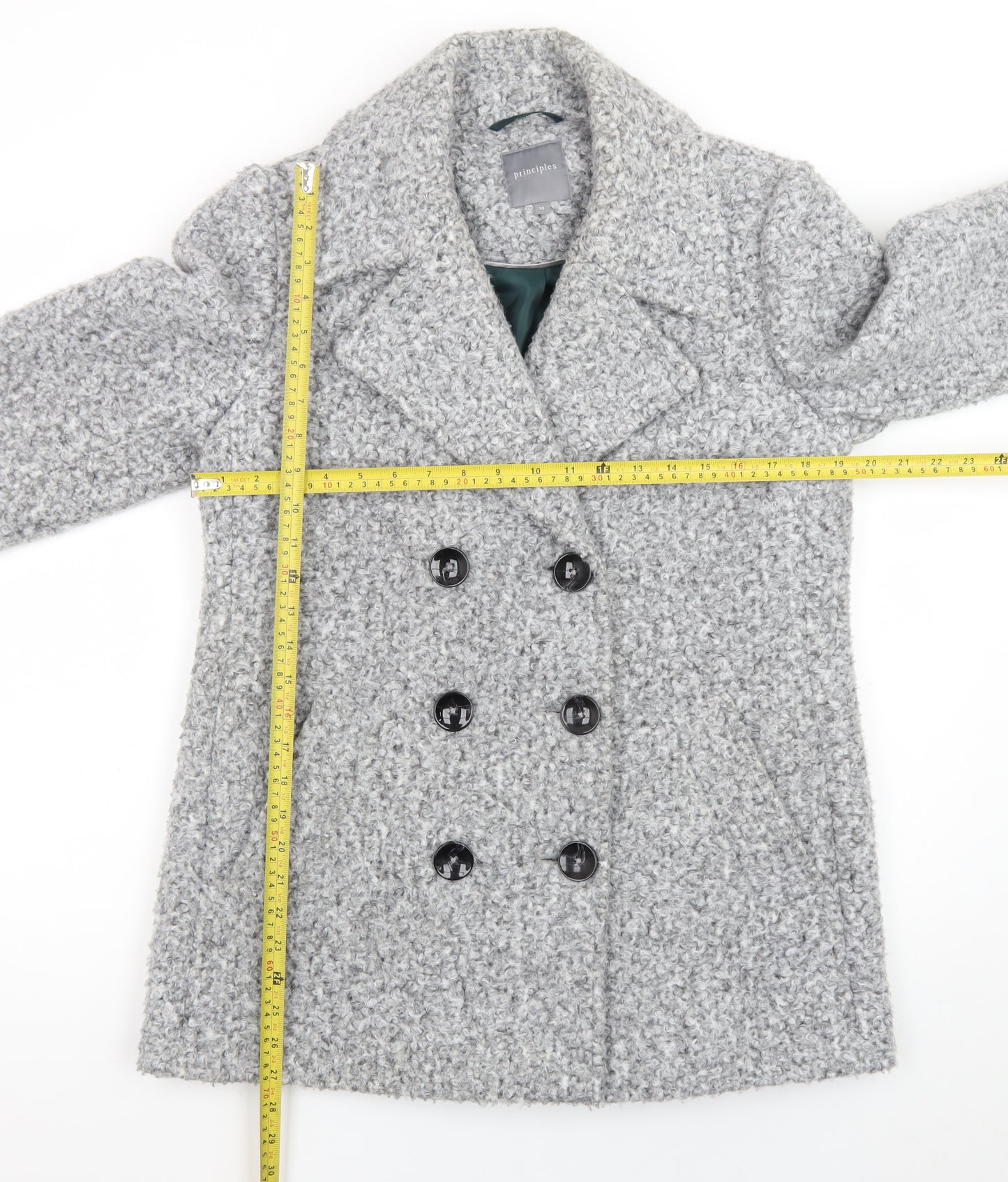 Principles Women's Grey Pea Coat Size 14 Polyester Lined Double Breasted