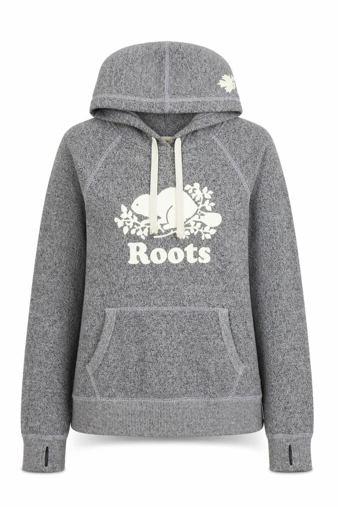Front view of Roots Women's Grey Pullover Hoodie XXS Cotton Blend Logo Design
