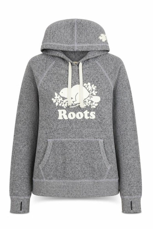 Front view of Roots Women's Grey Pullover Hoodie XXS Cotton Blend Logo Design