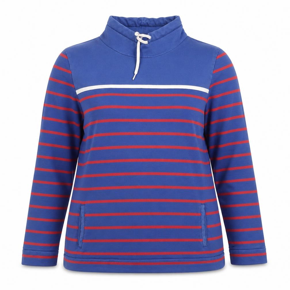 Front view of Equestrian Women Blue Striped Pullover Sweatshirt, size 14, Cotton Blend