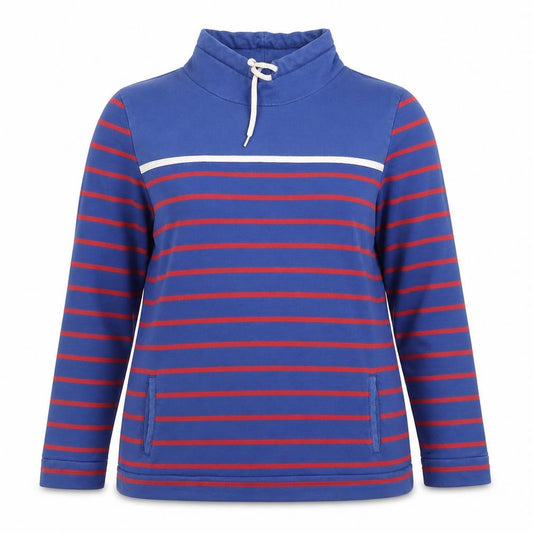 Front view of Equestrian Women Blue Striped Pullover Sweatshirt, size 14, Cotton Blend