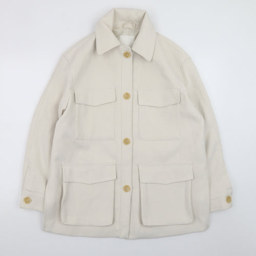 H&M Women Ivory Mid-Length Twill Jacket Size 12 Button Casual Style