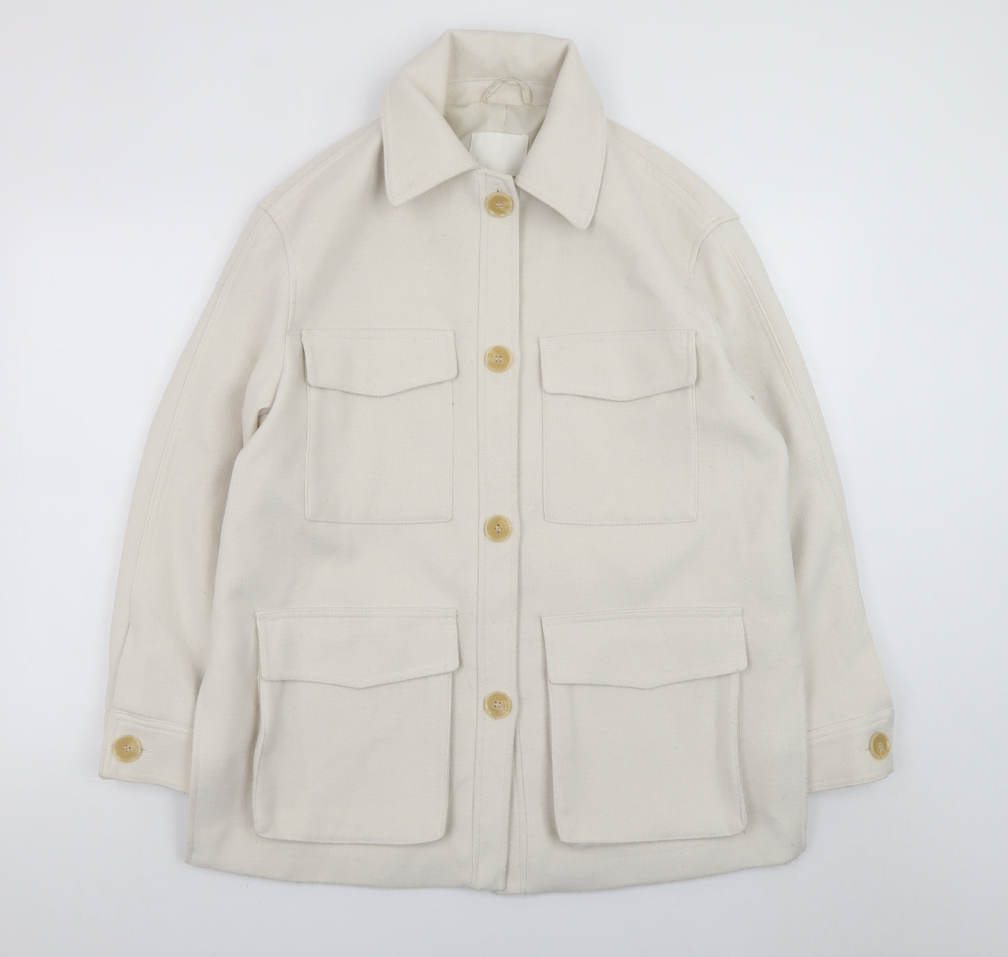 H&M Women Ivory Mid-Length Twill Jacket Size 12 Button Casual Style