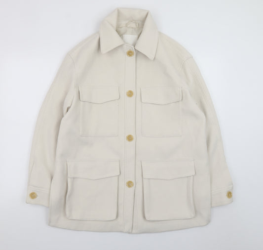 H&M Women Ivory Mid-Length Twill Jacket Size 12 Button Casual Style