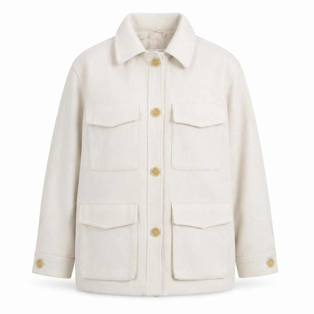 Front view of H&M Women Ivory Mid-Length Twill Jacket, size 12, Button Casual Style