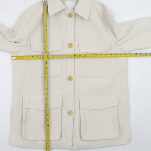 H&M Women Ivory Mid-Length Twill Jacket Size 12 Button Casual Style