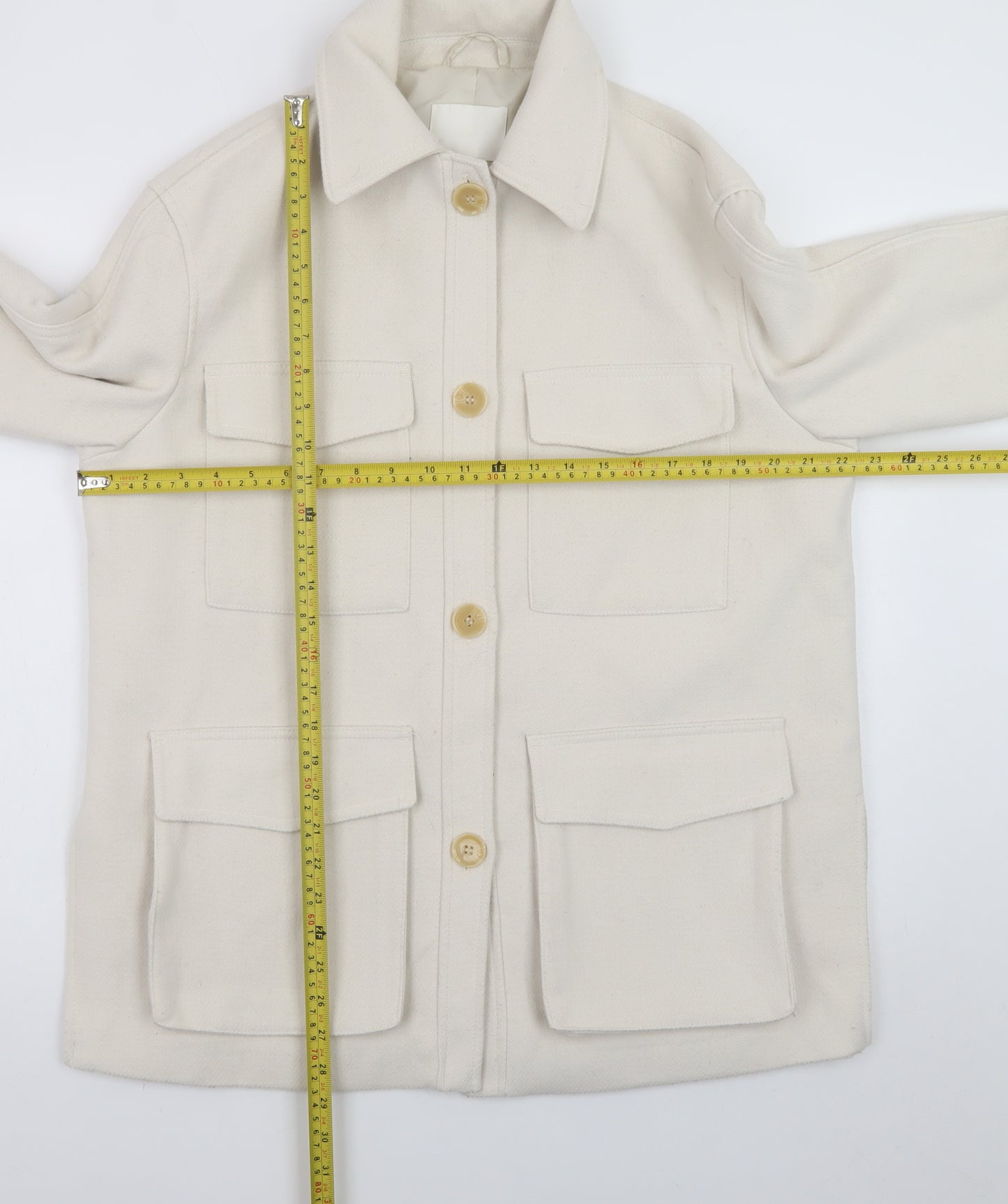 H&M Women Ivory Mid-Length Twill Jacket Size 12 Button Casual Style