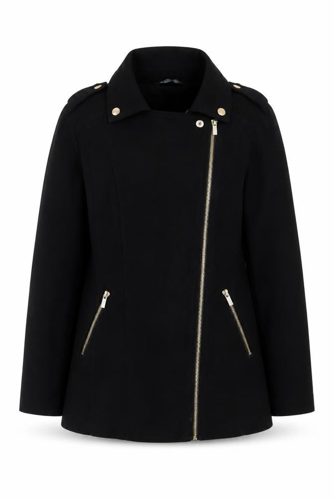 Front view of Select women’s black suede biker jacket, size UK 8, mid-length
