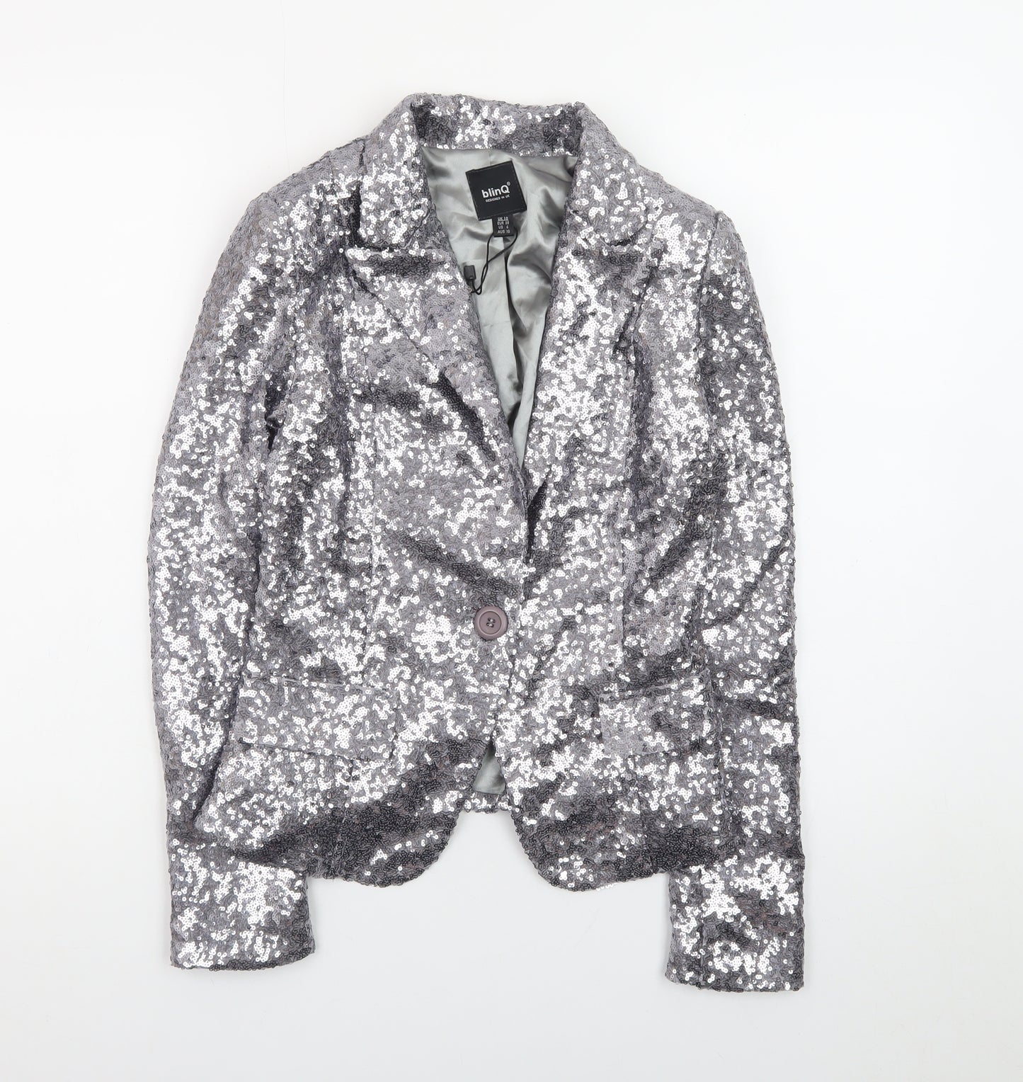 BlinQ Women’s Silver Sequin Single-Breasted Blazer UK 10 Party Jacket