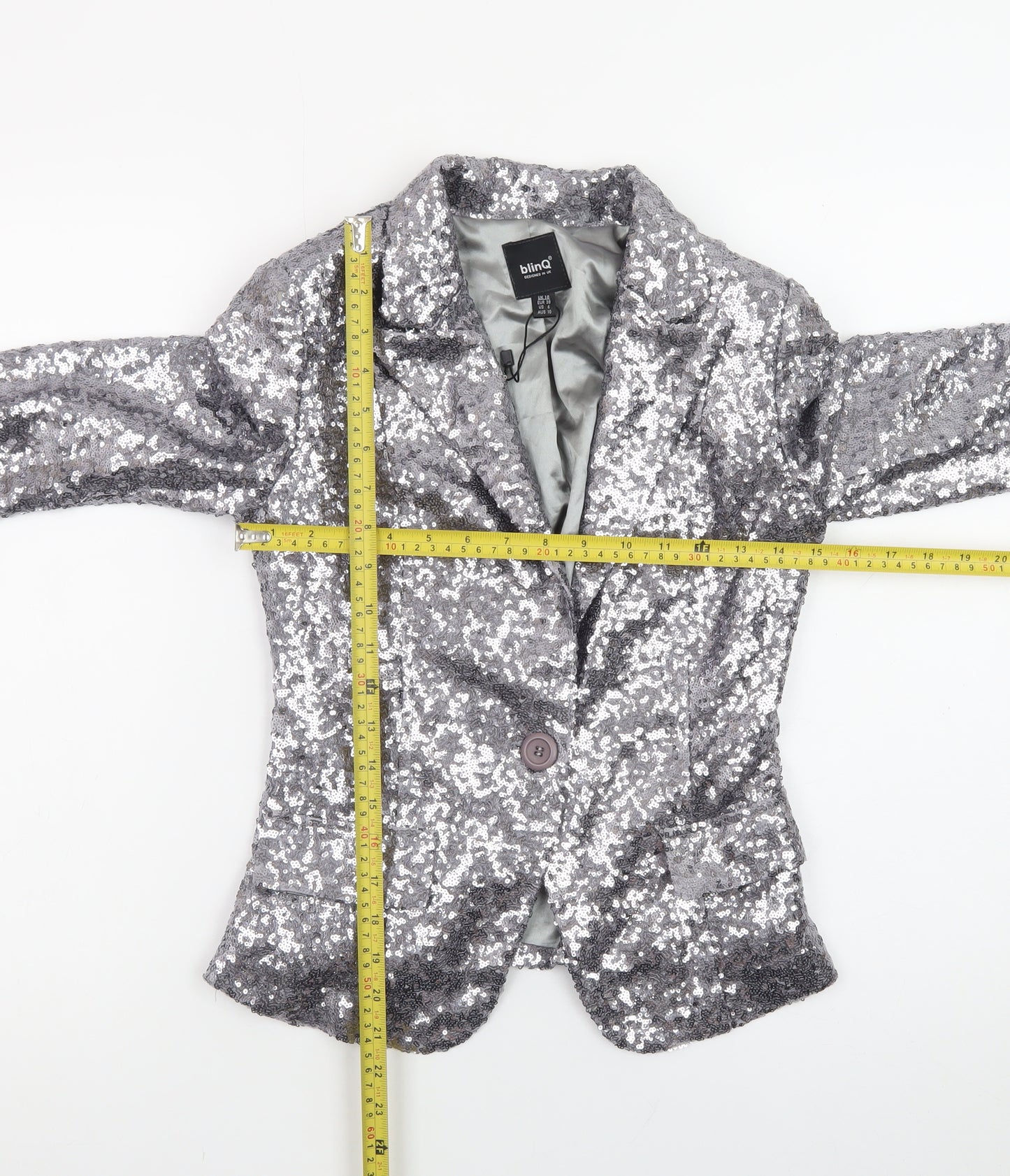 BlinQ Women’s Silver Sequin Single-Breasted Blazer UK 10 Party Jacket