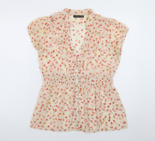 Atmosphere Womens Beige Floral Chiffon Blouse Size 12 Short Sleeve Tunic