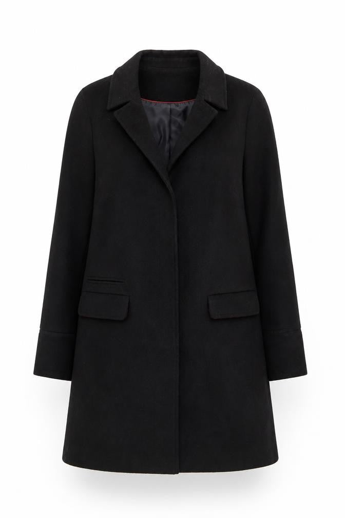 Front view of Topshop Women's Black Wool Blend Mid-Length Overcoat UK 8