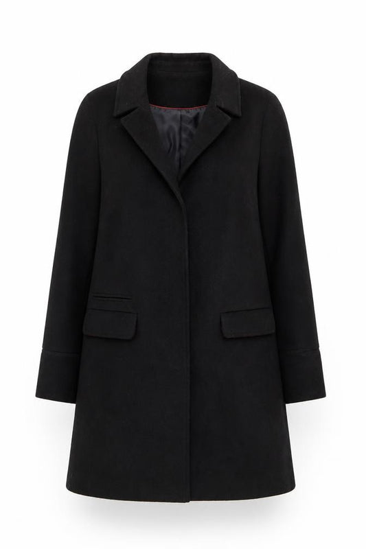Front view of Topshop Women's Black Wool Blend Mid-Length Overcoat UK 8
