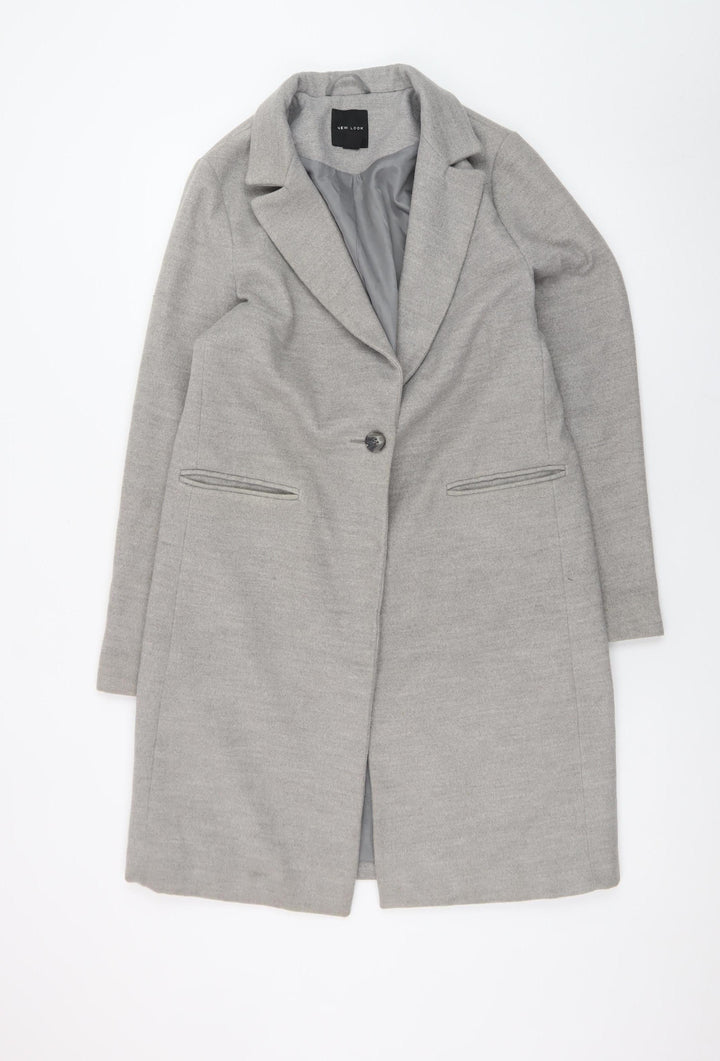 New Look Women Grey Mid-Length Overcoat Size 10 Lined Button Front