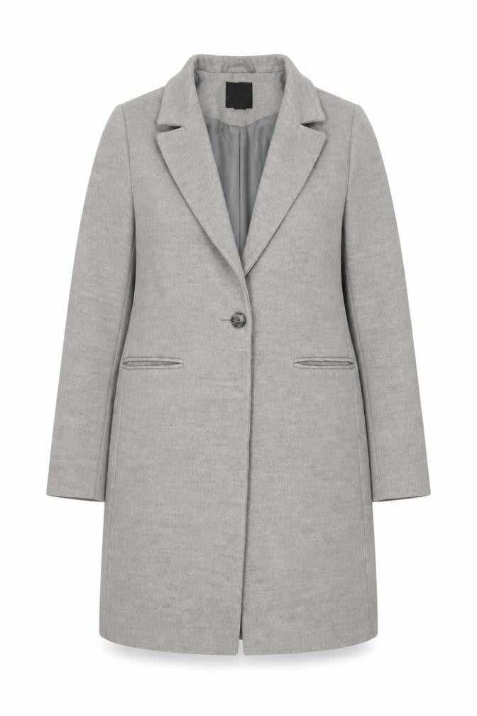 Front view of New Look Women Grey Mid-Length Overcoat, size 10, Lined Button Front
