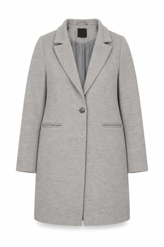 Front view of New Look Women Grey Mid-Length Overcoat, size 10, Lined Button Front