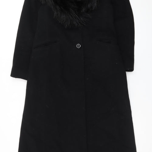 Yessica Womens Black Wool Cashmere Long Overcoat with Faux Fur Collar Size 12