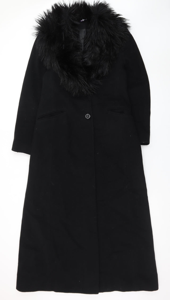 Yessica Womens Black Wool Cashmere Long Overcoat with Faux Fur Collar Size 12