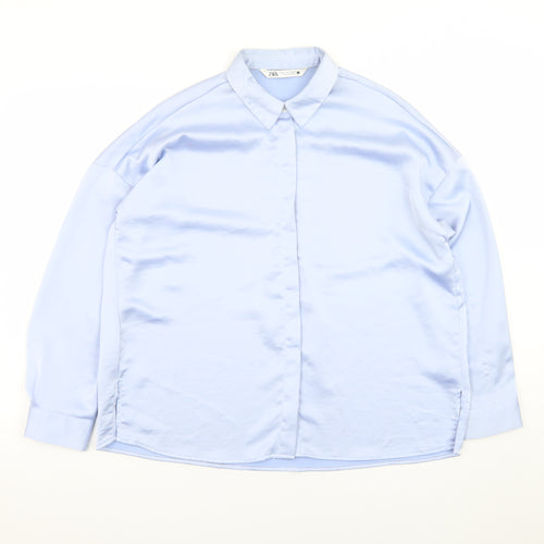 Zara Women Blue Satin Collared Long Sleeve Relaxed Button-Up Shirt Size S