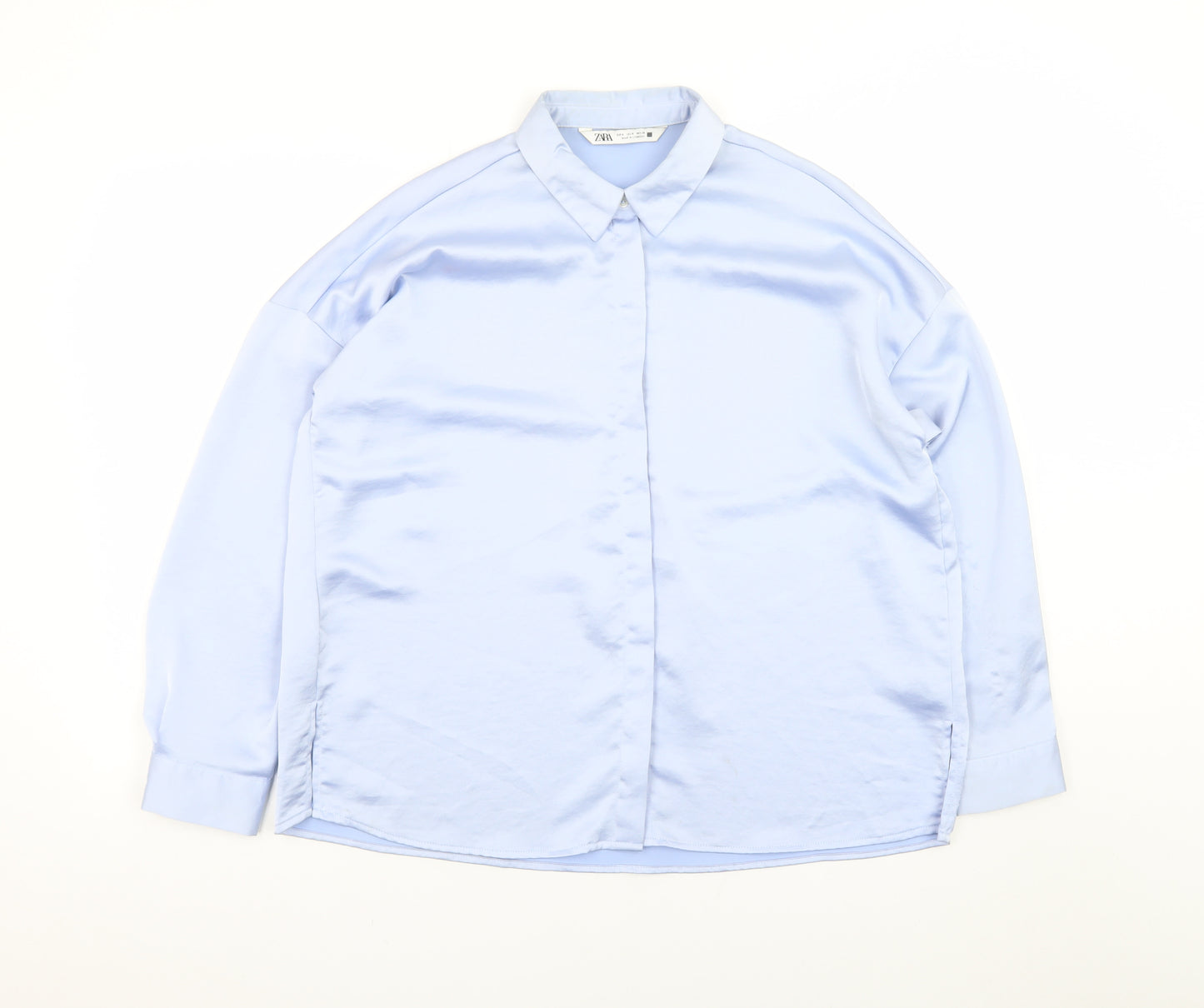 Zara Women Blue Satin Collared Long Sleeve Relaxed Button-Up Shirt Size S