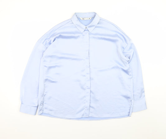 Zara Women Blue Satin Collared Long Sleeve Relaxed Button-Up Shirt Size S