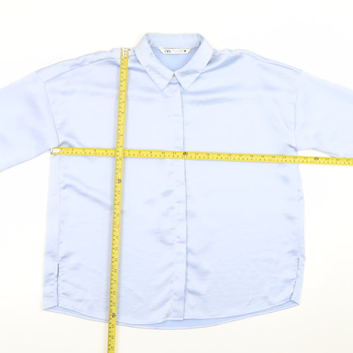 Zara Women Blue Satin Collared Long Sleeve Relaxed Button-Up Shirt Size S