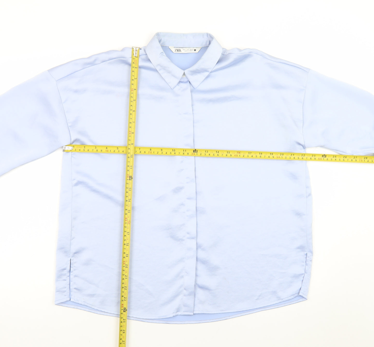 Zara Women Blue Satin Collared Long Sleeve Relaxed Button-Up Shirt Size S