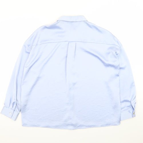 Zara Women Blue Satin Collared Long Sleeve Relaxed Button-Up Shirt Size S