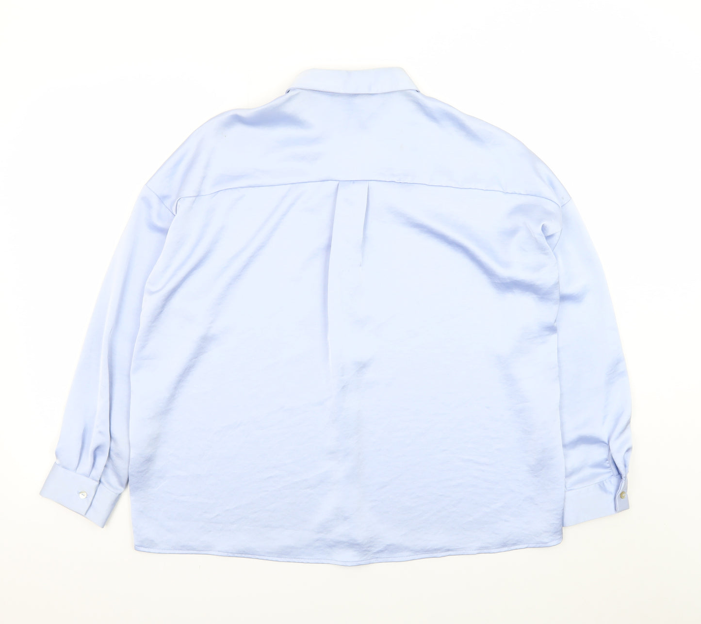 Zara Women Blue Satin Collared Long Sleeve Relaxed Button-Up Shirt Size S