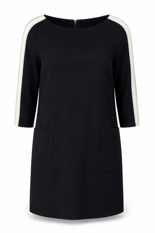 Front view of Mint Velvet Women Black Shift Dress, size 18, 3/4 Sleeve Knee Length