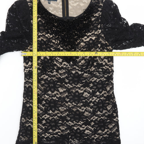 Bastyan Women Black Size 10 Lace Beaded Sheath Dress
