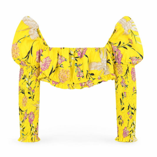 Front view of PRETTYLITTLETHING Women’s Yellow Floral Cropped Blouse UK 12