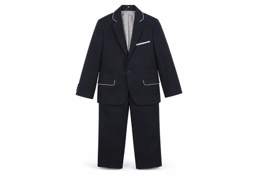Front view of 1880 Club boys’ black 7-8 years formal two piece trouser suit