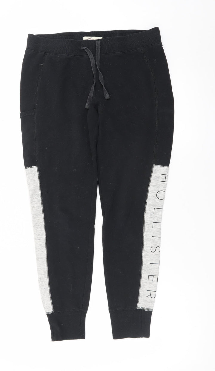 Hollister Mens Black Jogger Trousers M Elastic Waist Logo Fleece