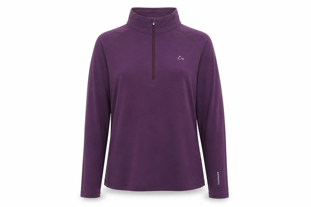 Front view of Paradox Women's Purple Long Sleeve Merino Wool Zip Top, size L