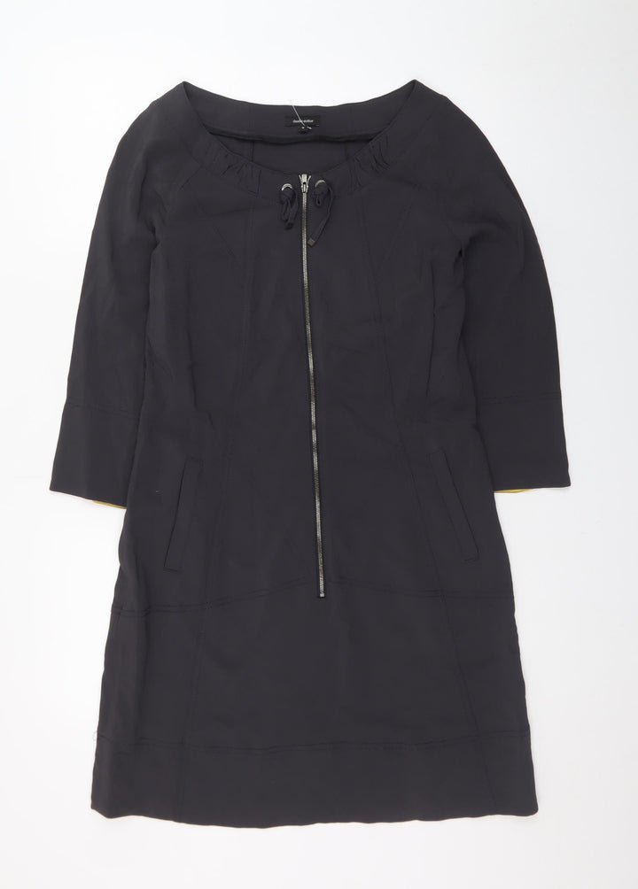 Claudia Sträter Women Black Viscose Shift Dress Size 8 3/4 Sleeve Zip Detail