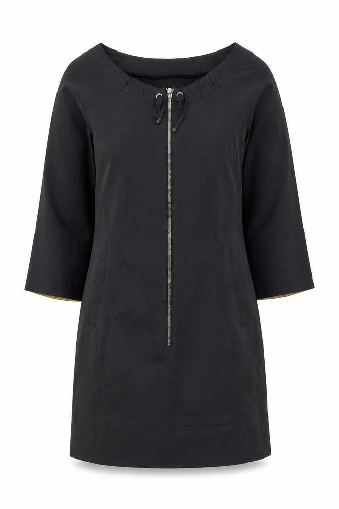 Claudia Sträter Women Black Viscose Shift Dress Size 8 3/4 Sleeve Zip Detail