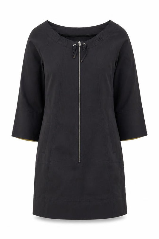Front view of Claudia Sträter Women Black Viscose Shift Dress, size 8, 3/4 Sleeve Zip Detail
