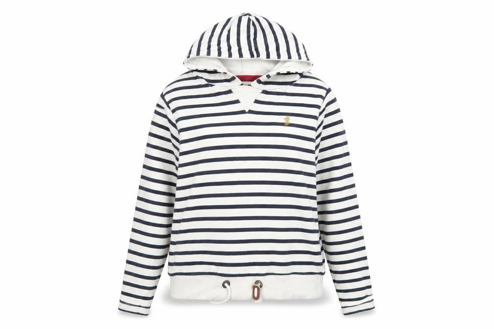 Front view of Lansdown women’s navy & white striped hoodie, size UK 12, cotton blend