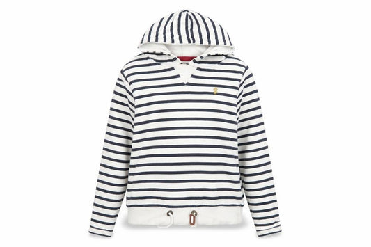 Front view of Lansdown women’s navy & white striped hoodie, size UK 12, cotton blend
