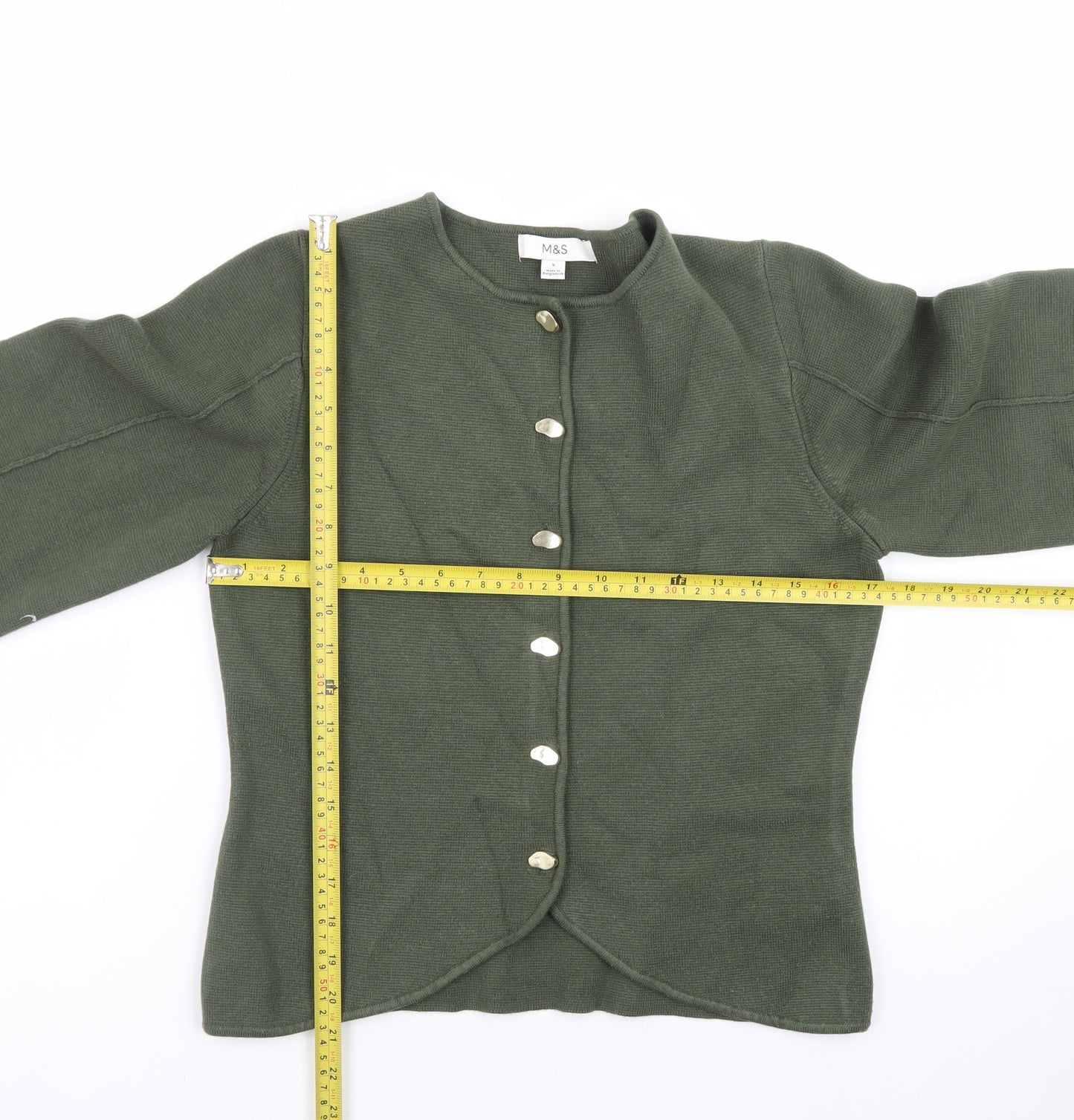 Marks and Spencer Women’s Green Cardigan Small Tight-Knit Crew Neck