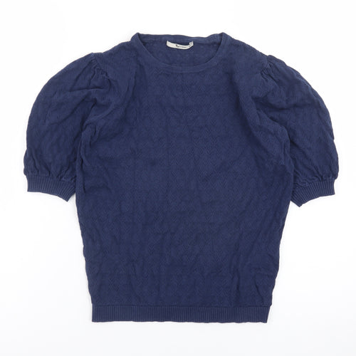 Tu Women Blue Knit Short Puff Sleeve Crew Neck Top Size 10