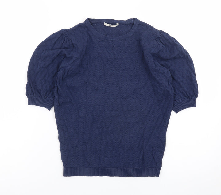 Tu Women Blue Knit Short Puff Sleeve Crew Neck Top Size 10