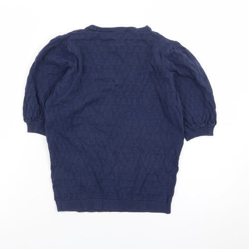 Tu Women Blue Knit Short Puff Sleeve Crew Neck Top Size 10
