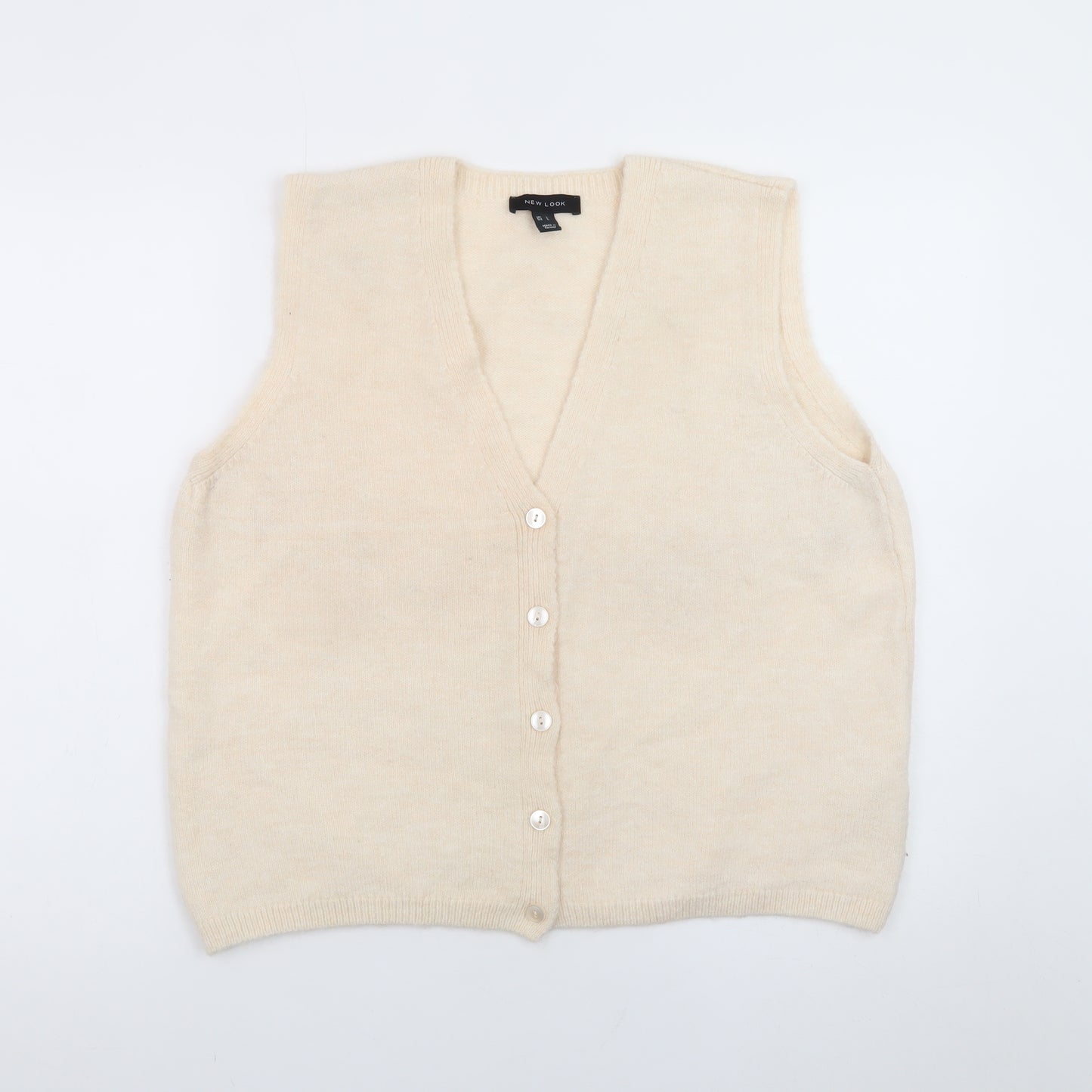 New Look Women Beige Sleeveless Knit V-Neck Button Vest L