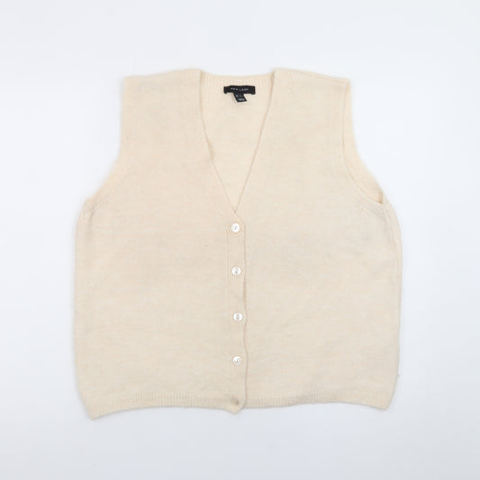 New Look Women Beige Sleeveless Knit V-Neck Button Vest L