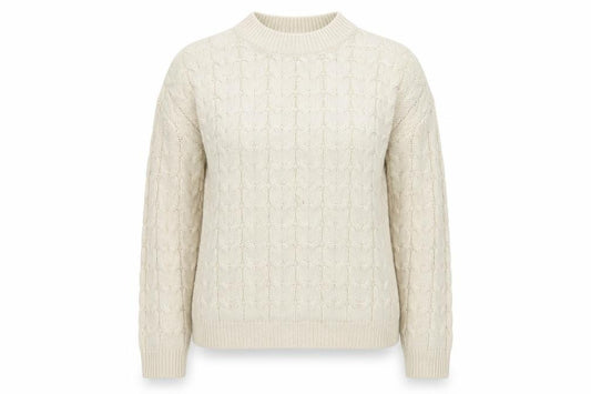 Front view of Mango women’s ivory cable-knit cotton blend jumper, size UK 8